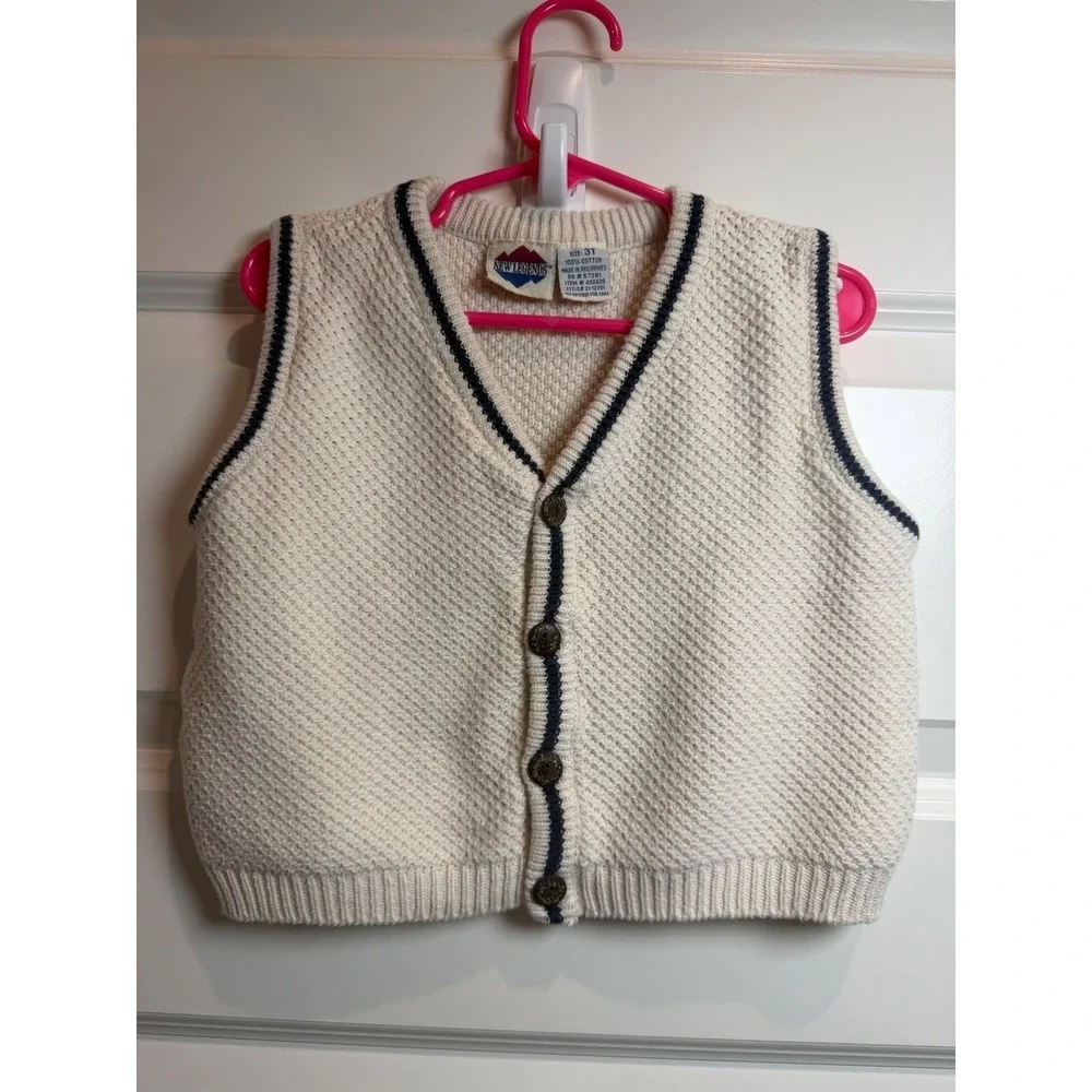 3. Vintage New Legends Kids 3T Cream Navy Blue Textured Knit Button Front Vest
